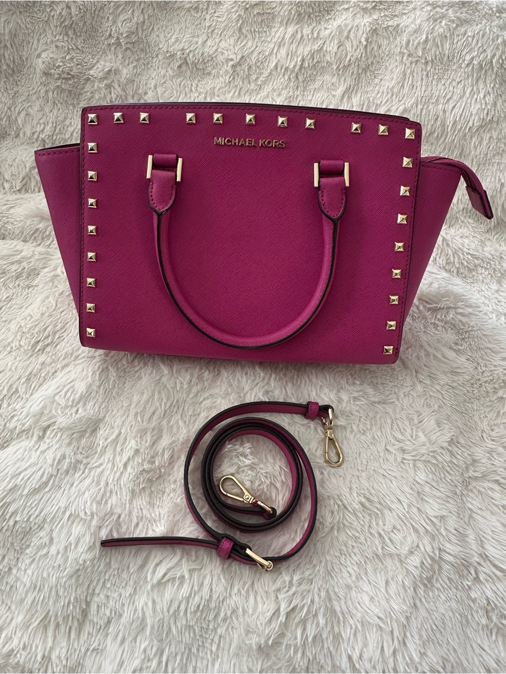 Michael Kors Magenta Studded Saffiano Leather Satchel